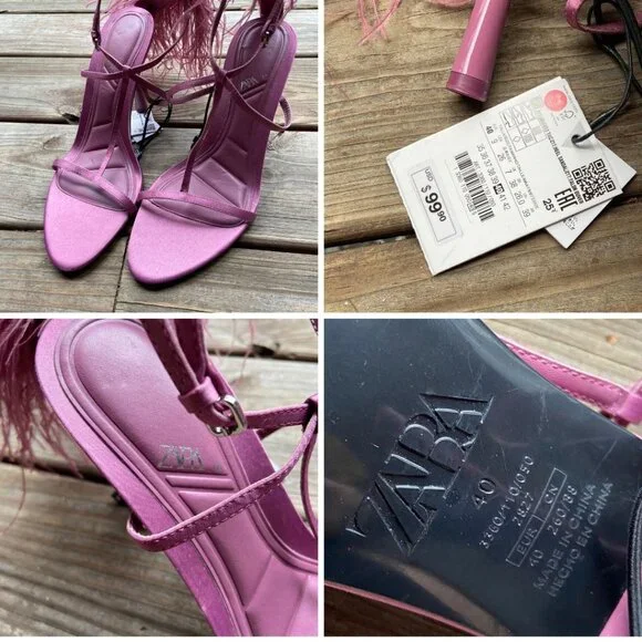 ZARA Mauve Pink Satin Feather Embellished High Stiletto Heel Strappy Sandals 40 - Picture 11 of 11
